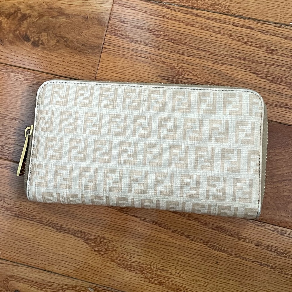 Fendi FF Logo Blush Zip Around Wallet with Gold Hardware